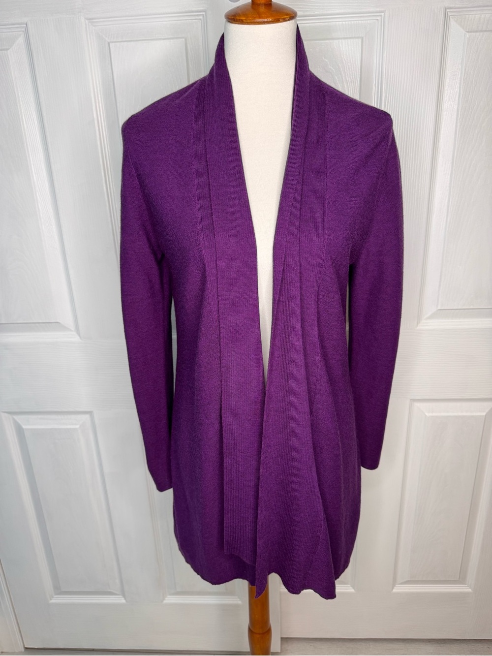 Eileen Fisher Merino Wool Cardigan Sweater Purple Knit Open Front Women Size M
